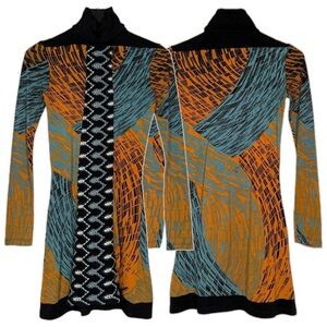 Custo Barcelona Size 1 / XS Y2K Turtleneck Long Sleeve Mini Dress Blue Orange